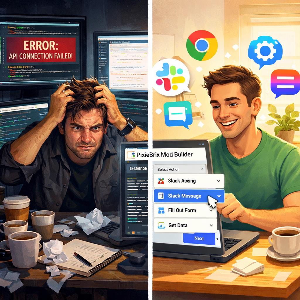 The image depicts two contrasting scenes split down the middle On the left a frustrated programmer sits at a cluttered desk surrounded by multiple com