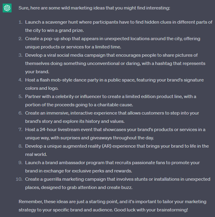 A screenshot of a ChatGPT output providing ideas for a marketing brainstorm.
