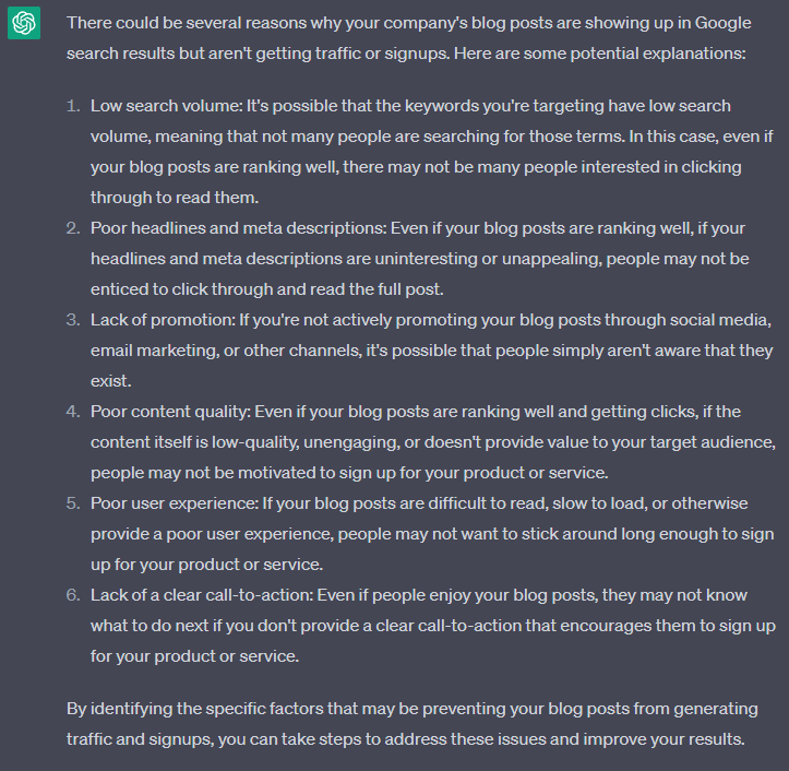 A screenshot of a ChatGPT output answering why blog posts aren't getting traffic or signups.