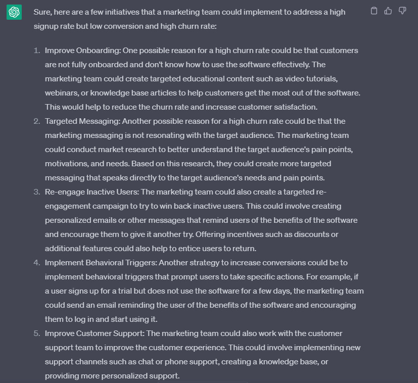 A screenshot of a ChatGPT output listing initiatives for a marketing strategy.