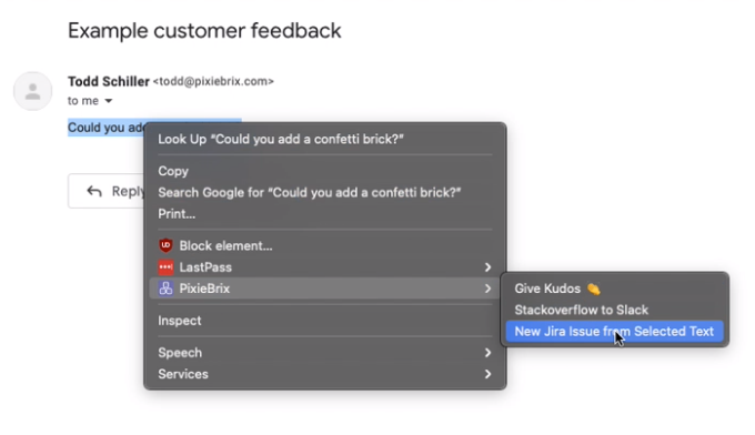 A right-click menu from PixieBrix, the fourth step to create a Jira issue with PixieBrix.