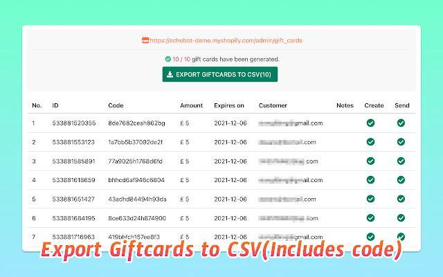 A screenshot of Shopify Giftcard Maker, a Chrome extension.