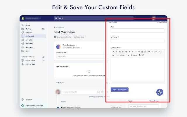 A screenshot of Shopify Custom Fields, a Shopify Chrome extension.