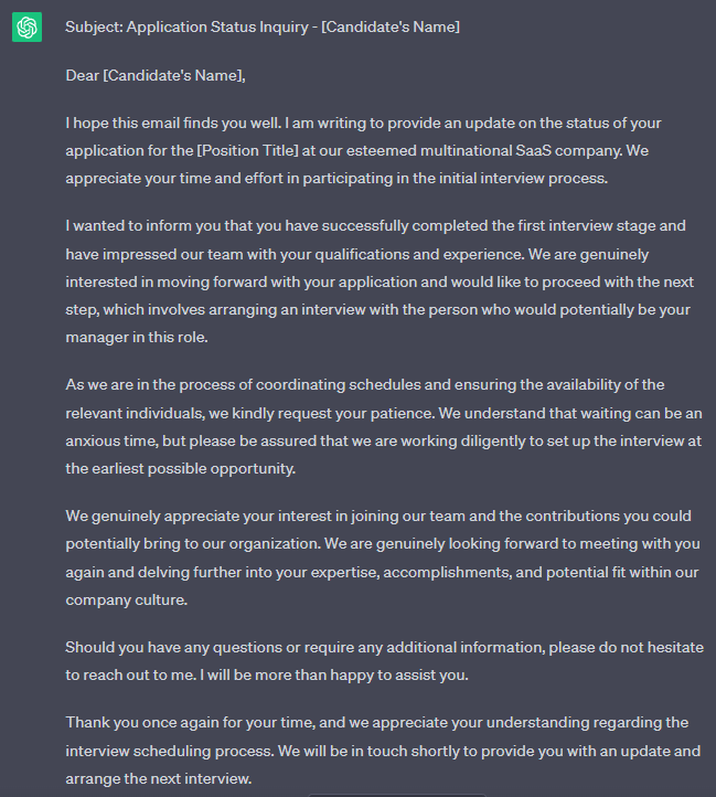 A screenshot of an output from ChatGPT, writing an email to a candidate.