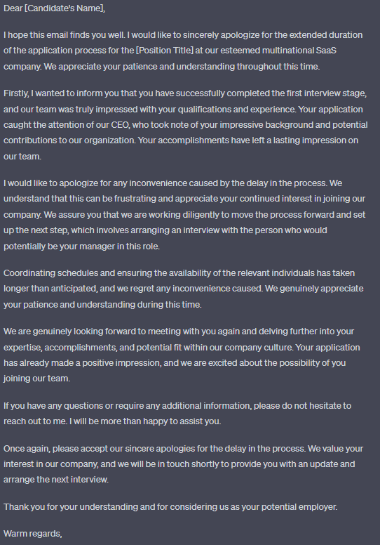 A screenshot of an output from ChatGPT, writing an email to a candidate.