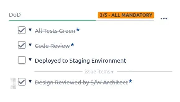 Checklist plugin for Jira in action showing a DoD checklist with 3 of 4 items checked off